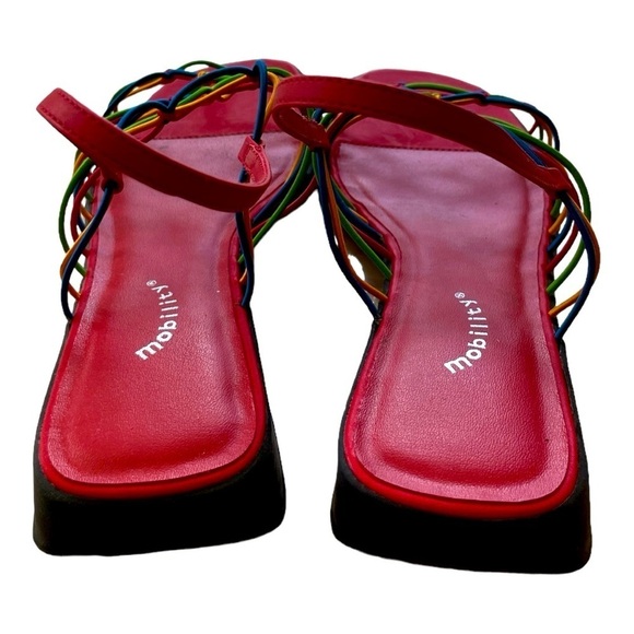 MOBILITY womens 6 open toe sandals RAINBOW colors ELASTIC straps slip on flats - Picture 3 of 8